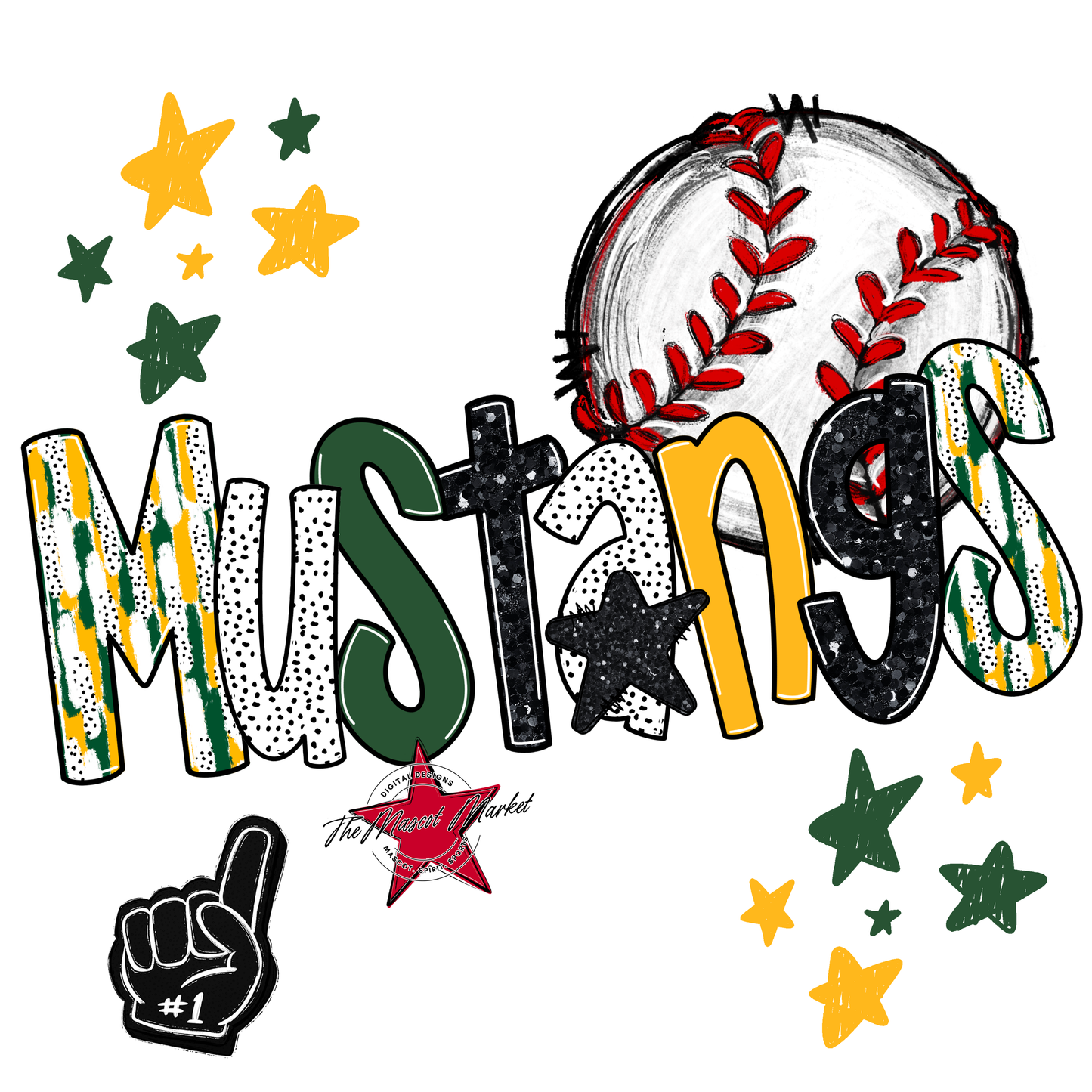 Mustangs Baseball Scrape-Green-Yellow