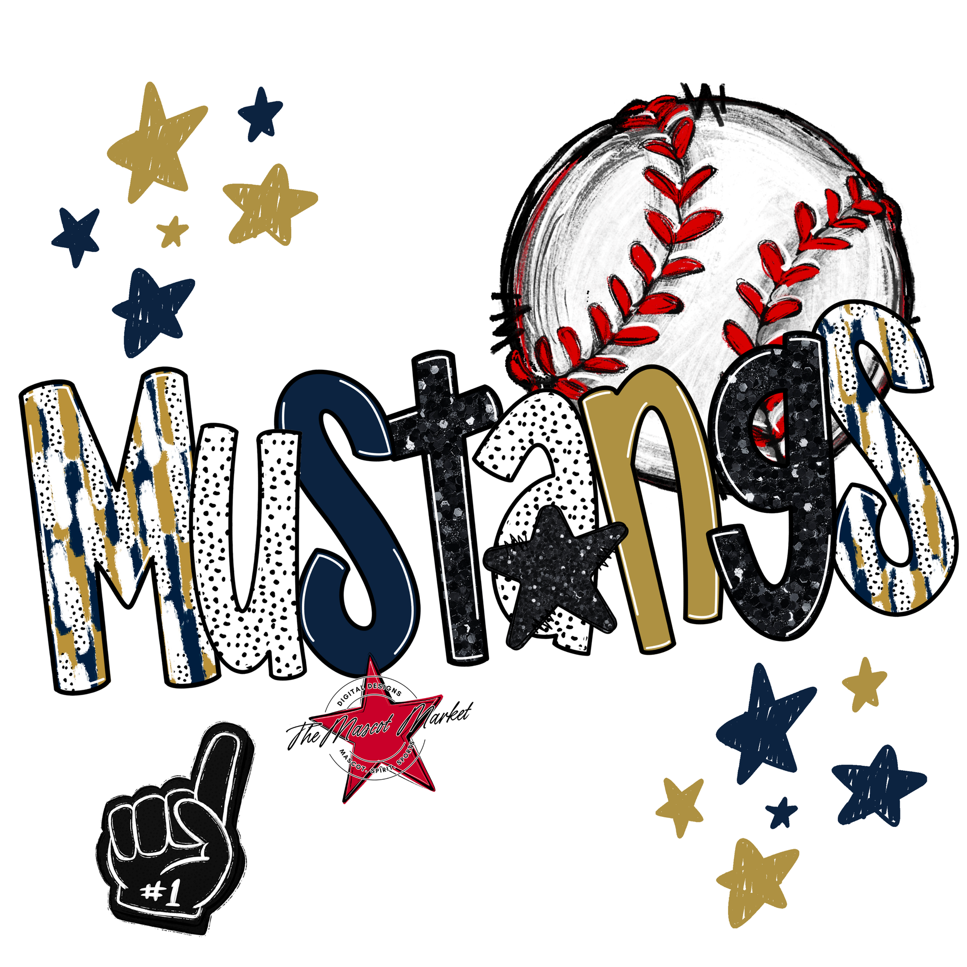 Mustangs Baseball Scrape-Navy-Gold
