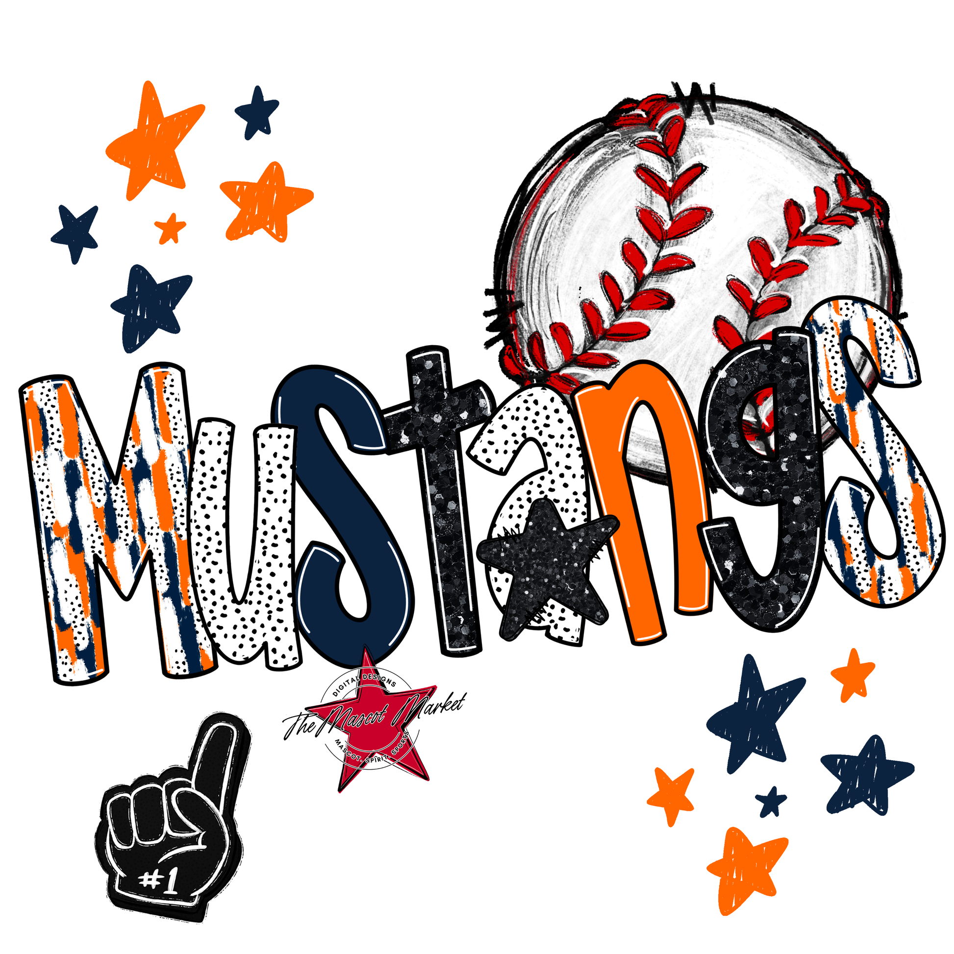 Mustangs Baseball Scrape-Navy-Orange