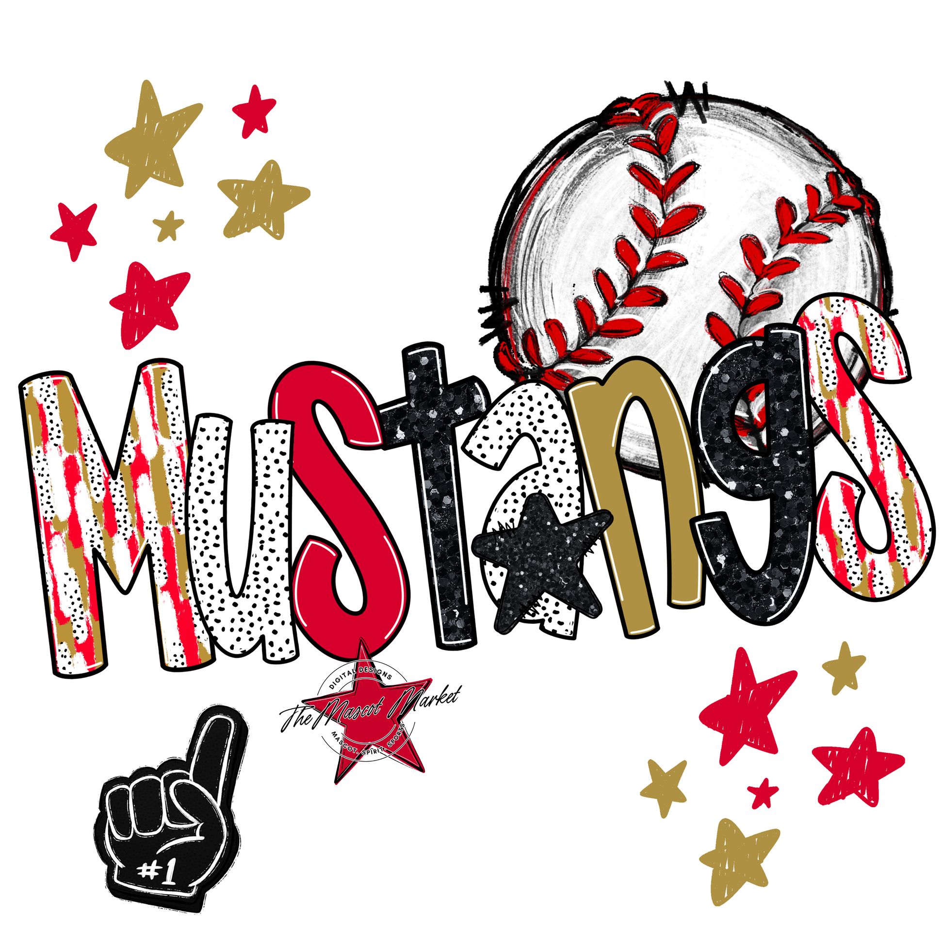 Mustangs Baseball Scrape-Red-Gold