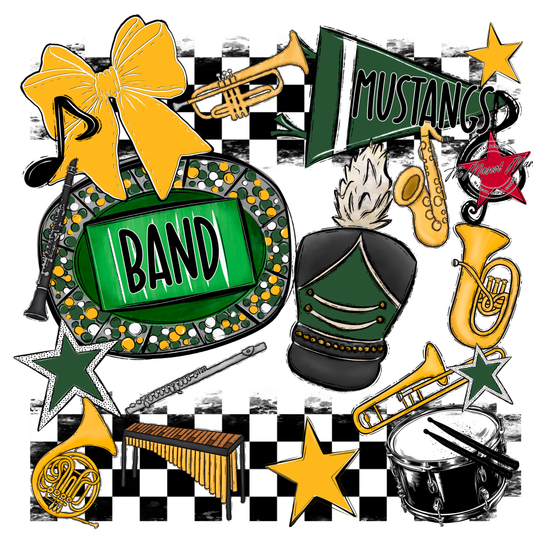 Mustangs Checkers Band Spirit Design-Green-Yellow