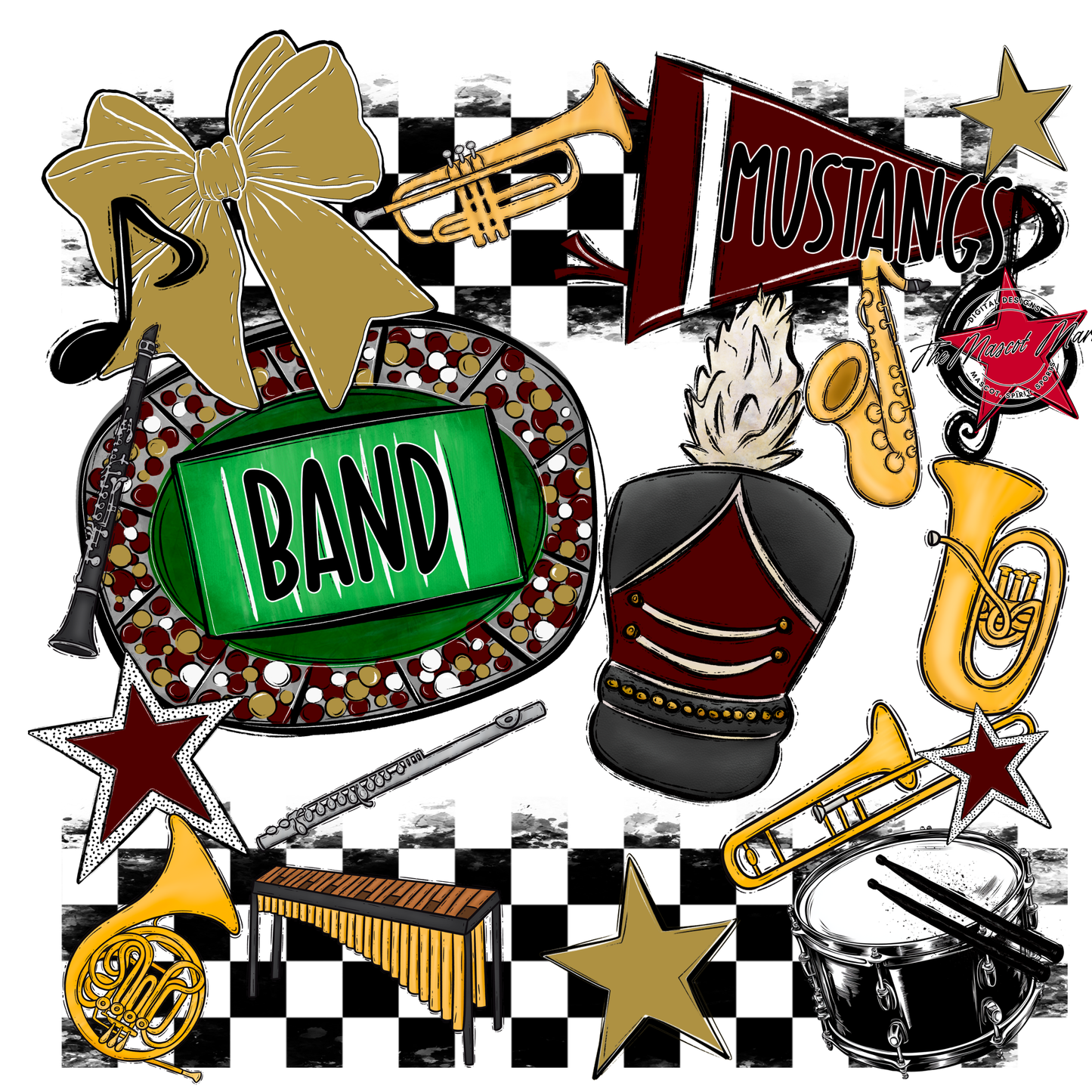 Mustangs Checkers Band Spirit Design-Maroon-Gold