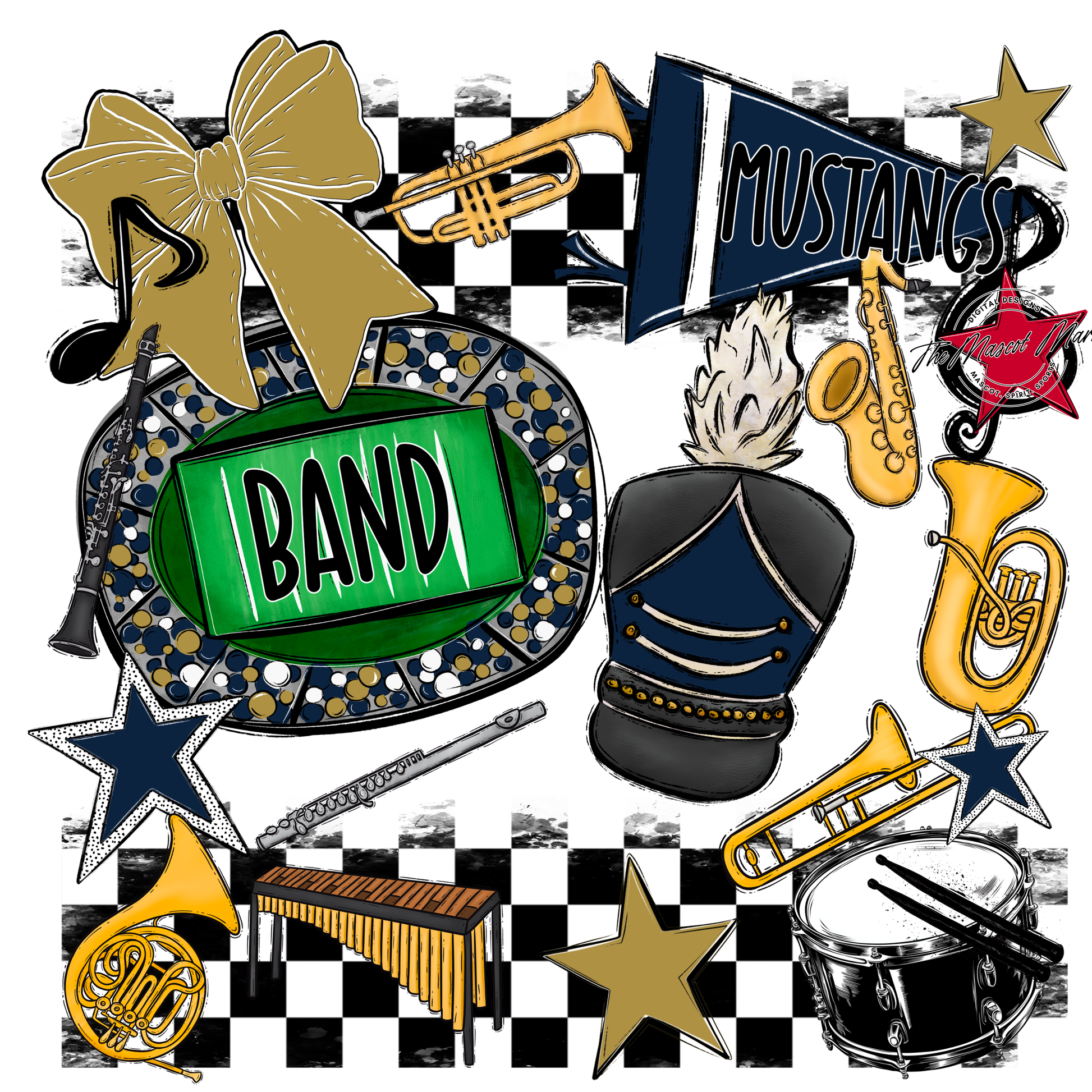 Mustangs Checkers Band Spirit Design-Navy-Gold