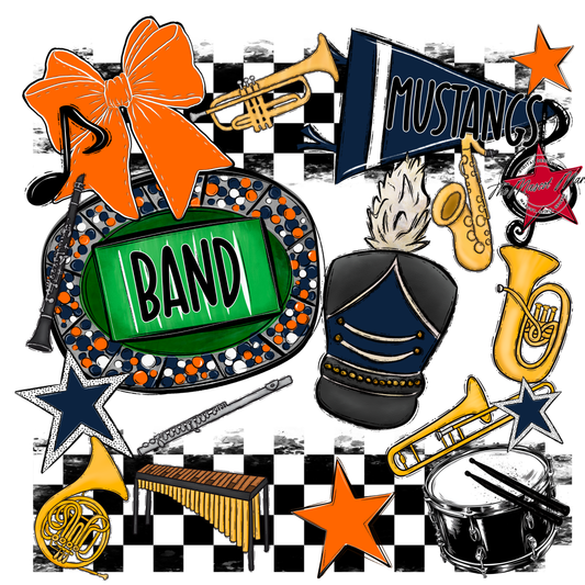 Mustangs Checkers Band Spirit Design-Navy-Orange