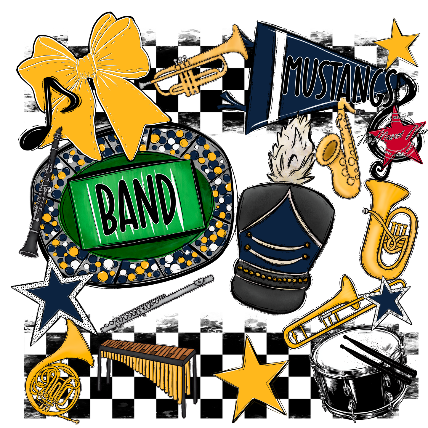 Mustangs Checkers Band Spirit Design-Navy-Yellow