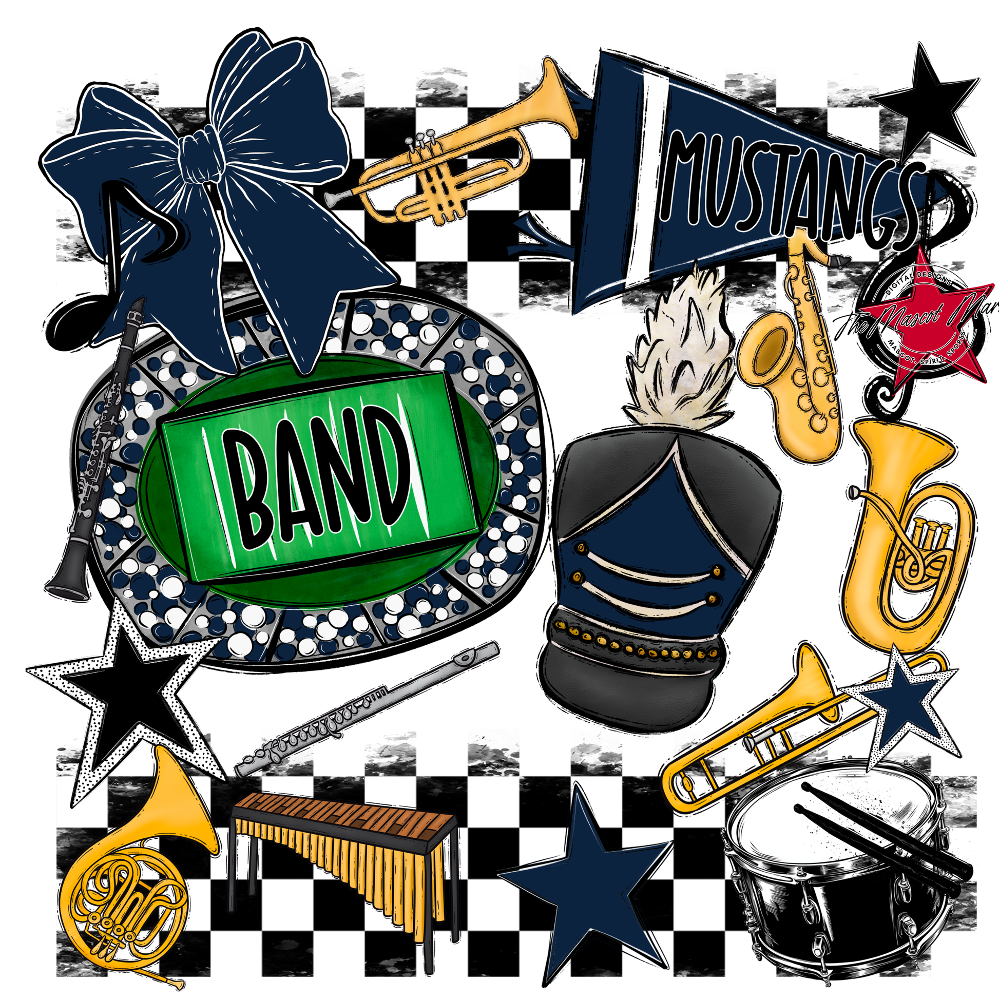 Mustangs Checkers Band Spirit Design-Navy