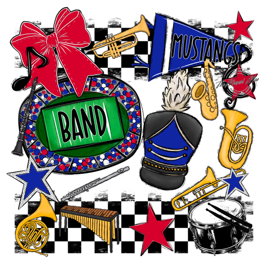 Mustangs Checkers Band Spirit Design-Royal Blue-Red