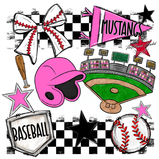 Mustangs Checkers Baseball Spirit Design-Baby Pink