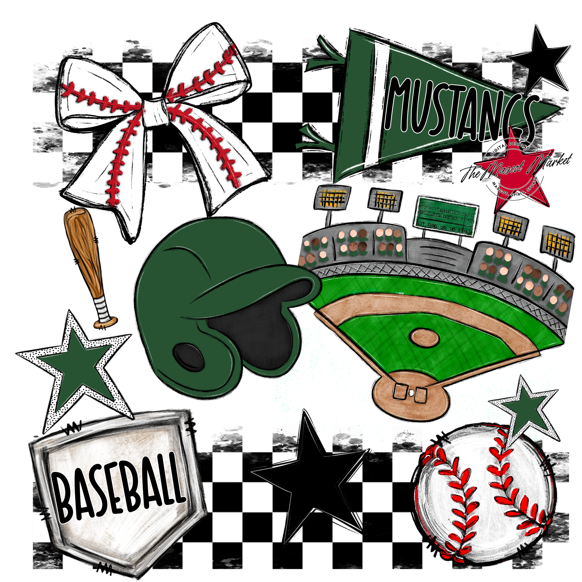 Mustangs Checkers Baseball Spirit Design-Green