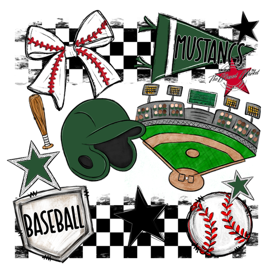 Mustangs Checkers Baseball Spirit Design-Green