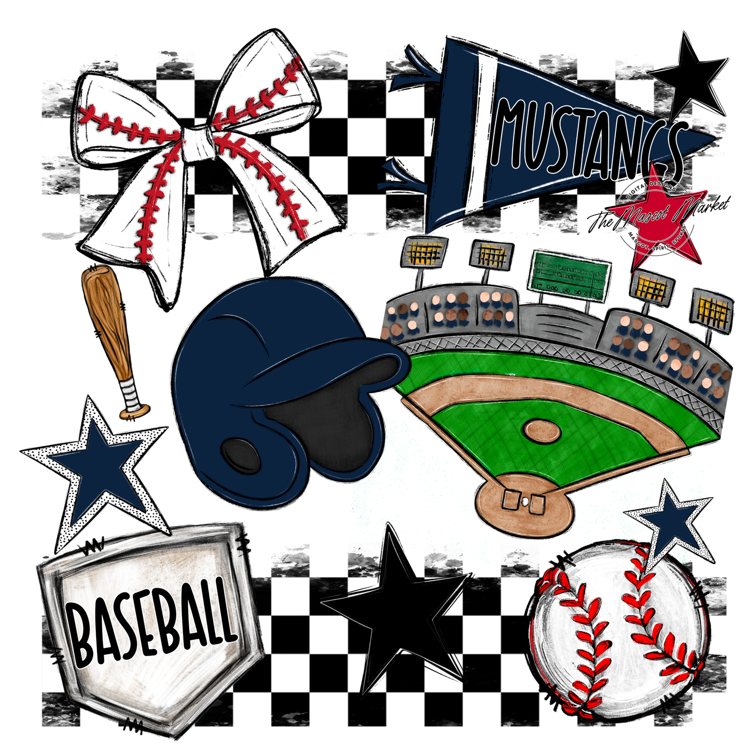 Mustangs Checkers Baseball Spirit Design-Navy