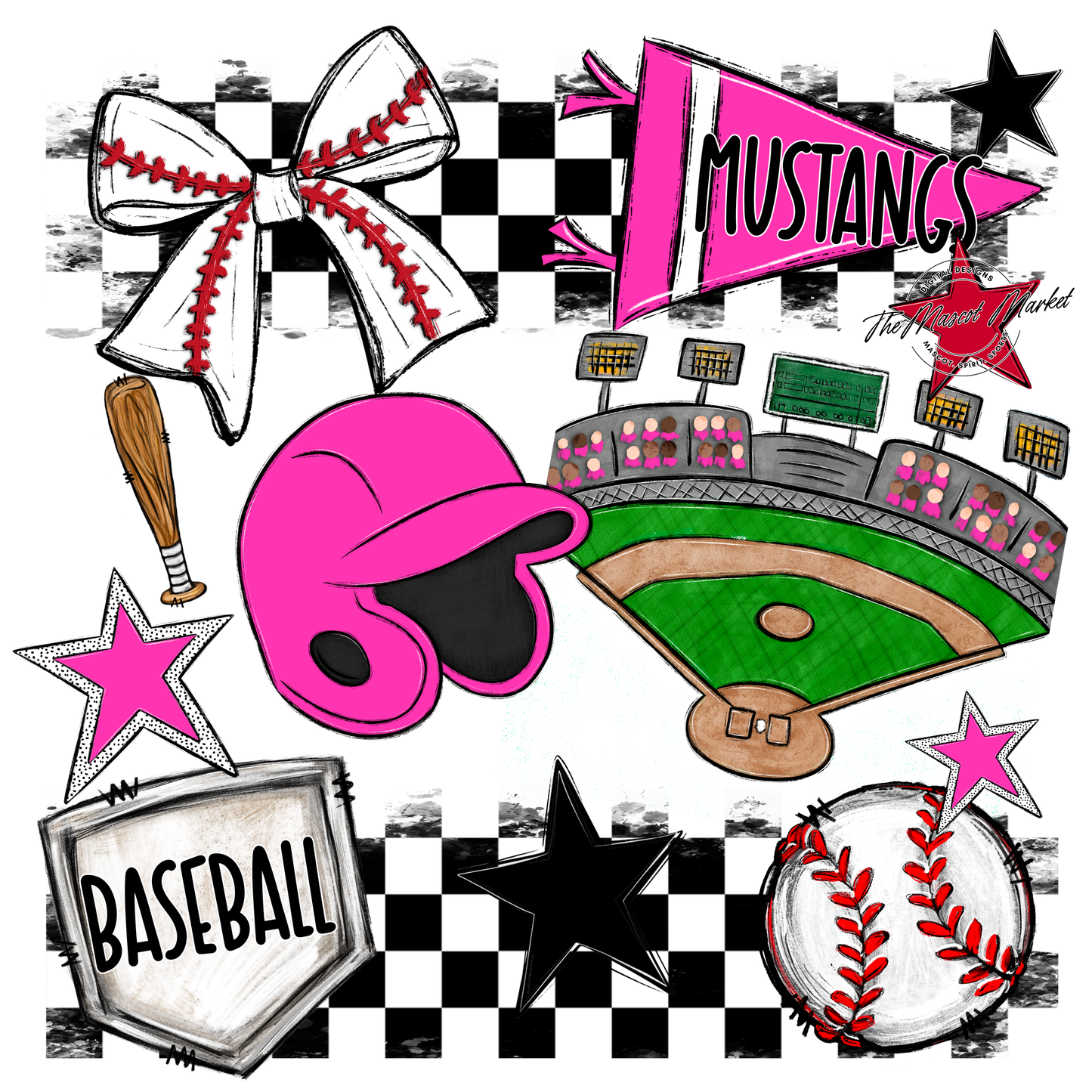 Mustangs Checkers Baseball Spirit Design-Pink