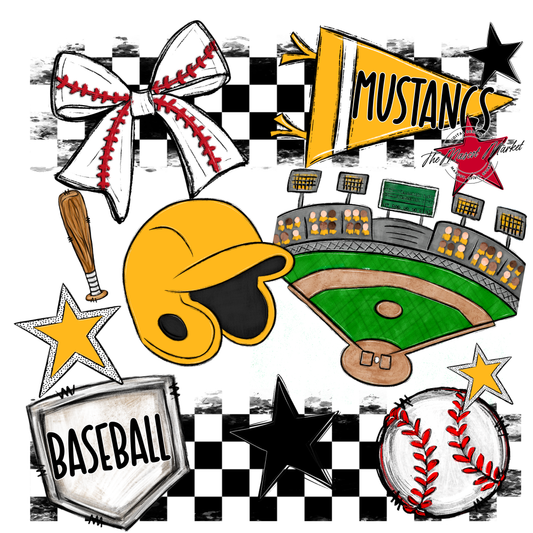 Mustangs Checkers Baseball Spirit Design-Yellow
