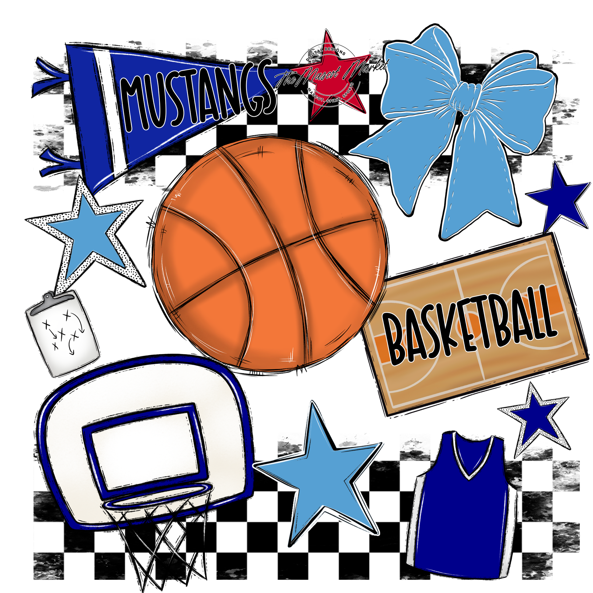 Mustangs Checkers Basketball Spirit Design-Blue-Carolina Blue