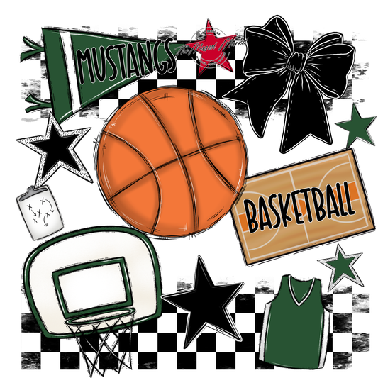 Mustangs Checkers Basketball Spirit Design-Green