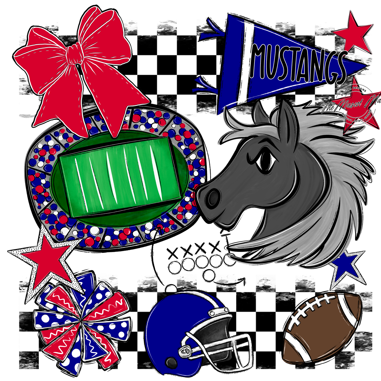 Mustangs Checkers Mascot Spirit Design-Blue-Red