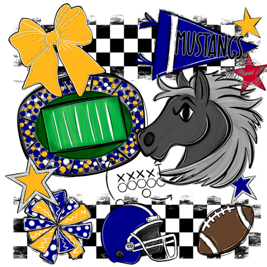 Mustangs Checkers Mascot Spirit Design-Blue-Yellow