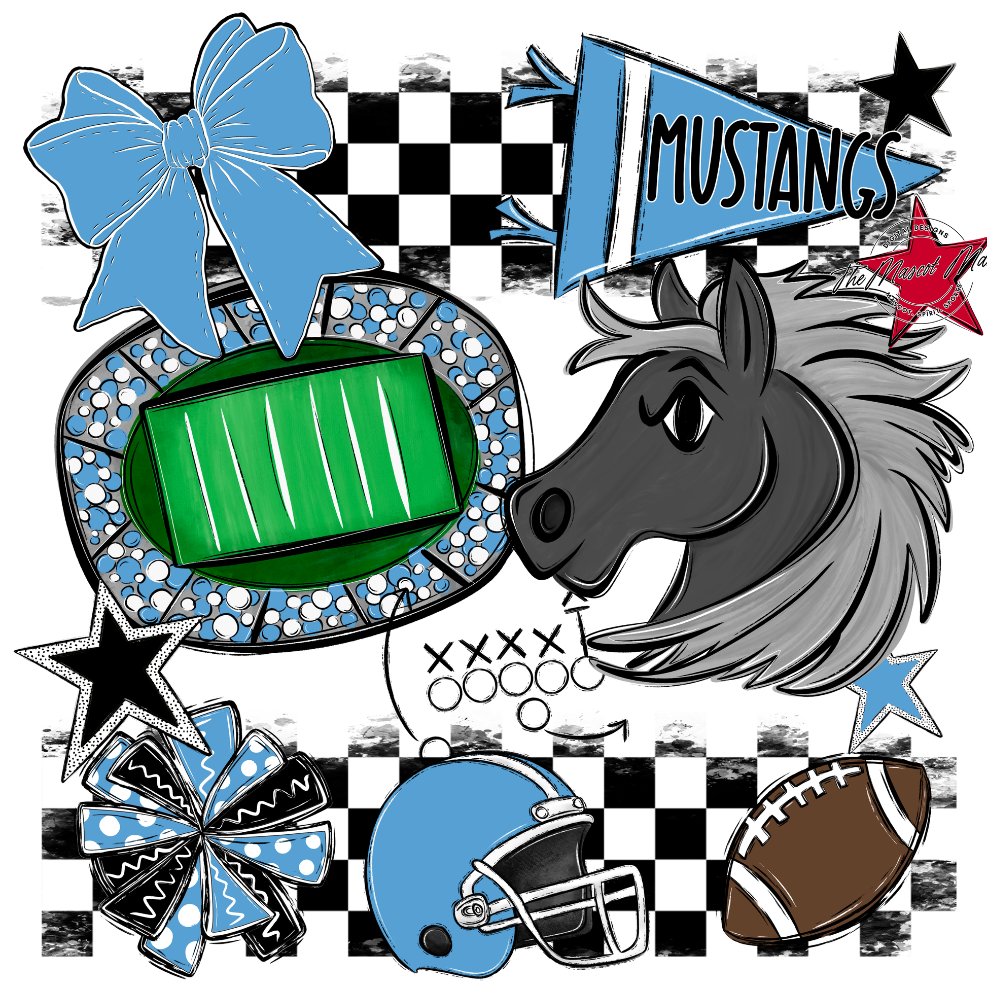 Mustangs Checkers Mascot Spirit Design-Carolina Blue