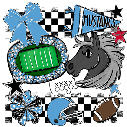 Mustangs Checkers Mascot Spirit Design-Carolina Blue