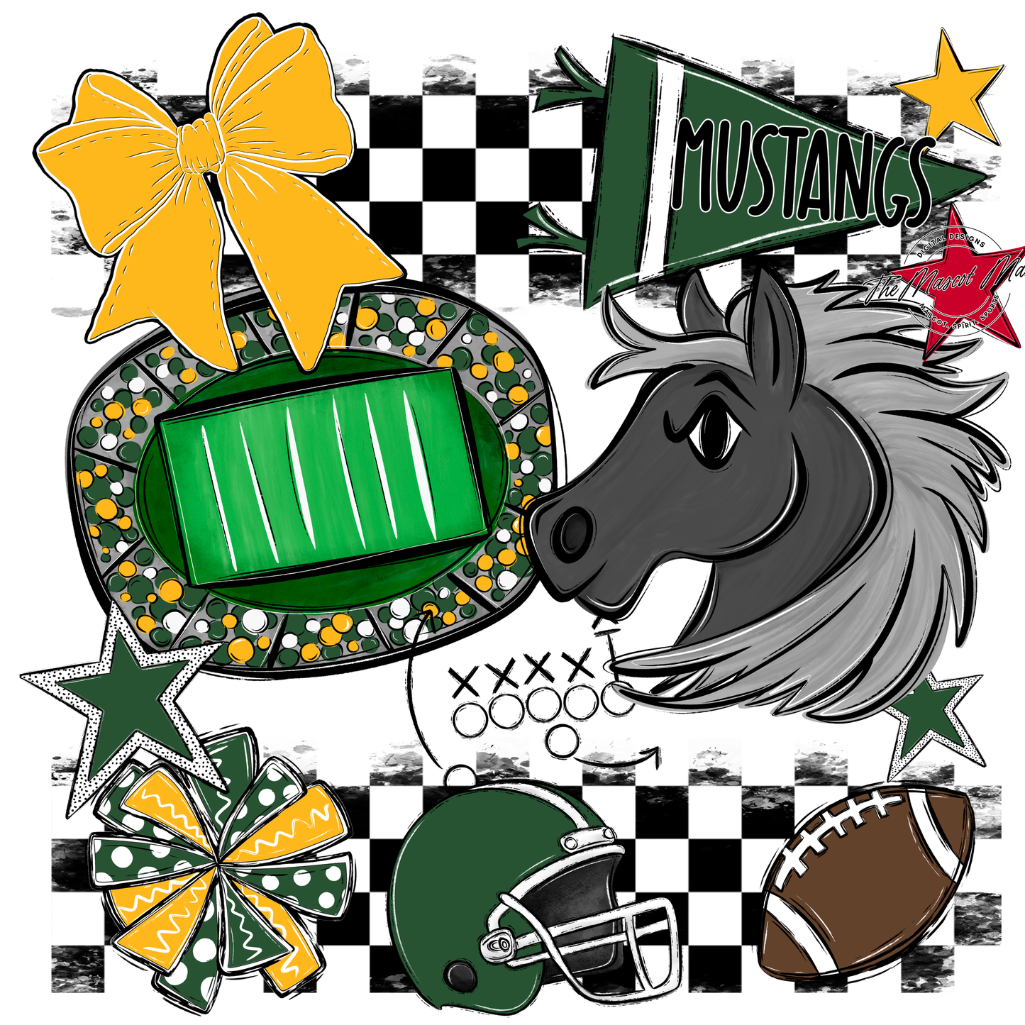 Mustangs Checkers Mascot Spirit Design-Green-Yellow