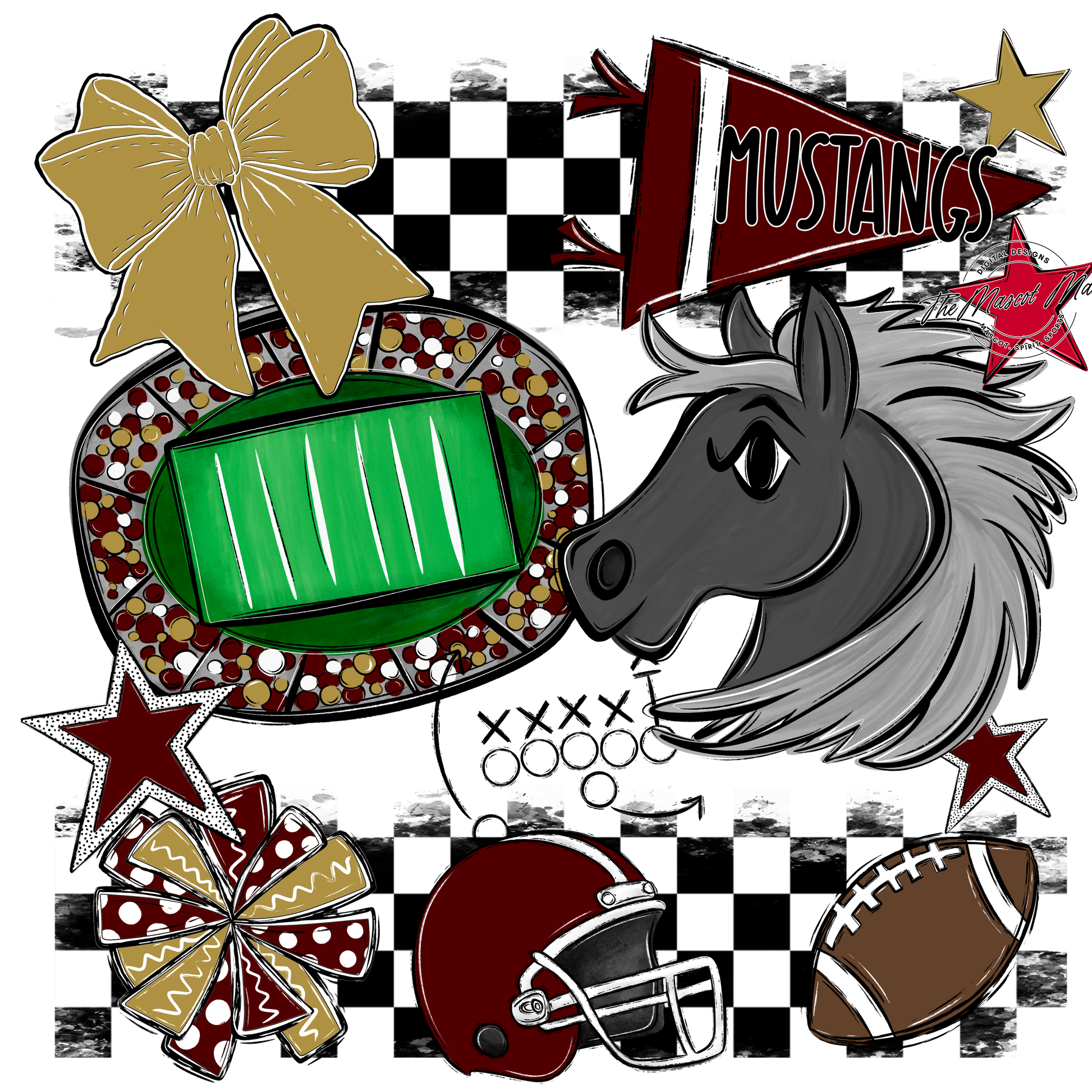 Mustangs Checkers Mascot Spirit Design-Maroon-Gold