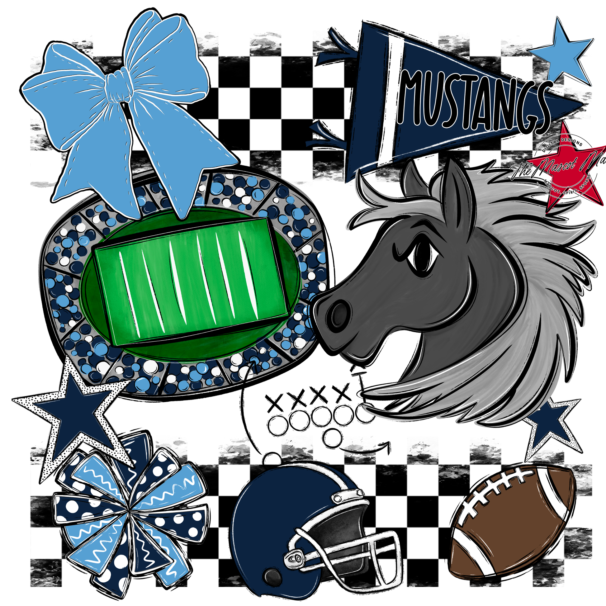 Mustangs Checkers Mascot Spirit Design-Navy-Carolina Blue