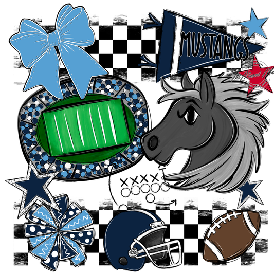 Mustangs Checkers Mascot Spirit Design-Navy-Carolina Blue