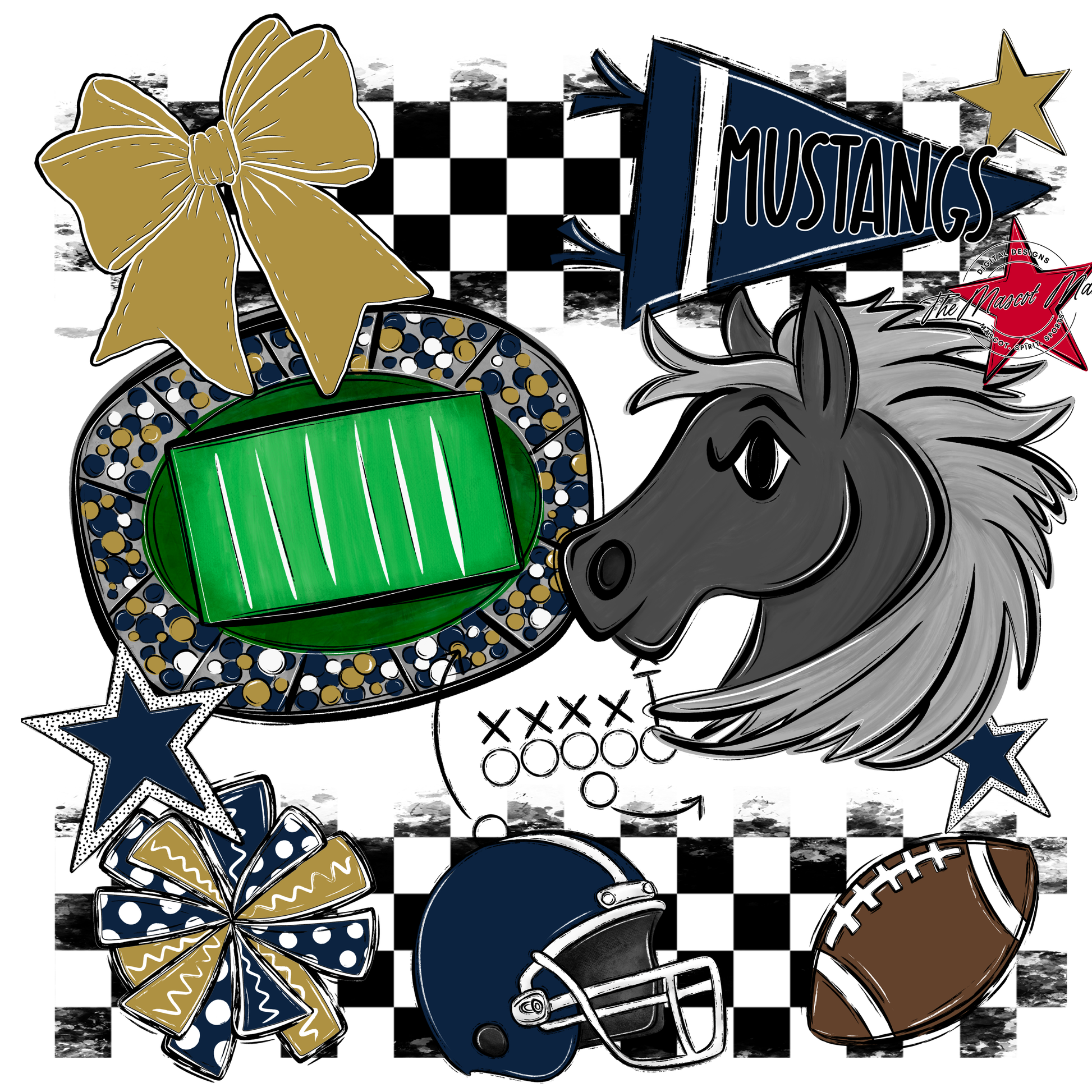 Mustangs Checkers Mascot Spirit Design-Navy-Gold