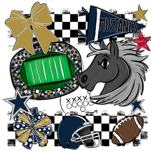 Mustangs Checkers Mascot Spirit Design-Navy-Gold