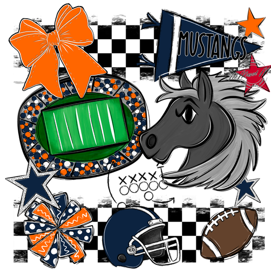 Mustangs Checkers Mascot Spirit Design-Navy-Orange