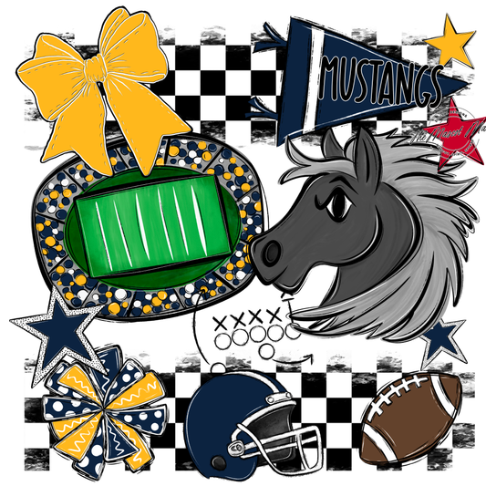 Mustangs Checkers Mascot Spirit Design-Navy-Yellow