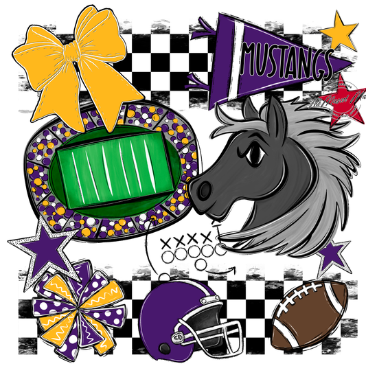Mustangs Checkers Mascot Spirit Design-Purple-Yellow