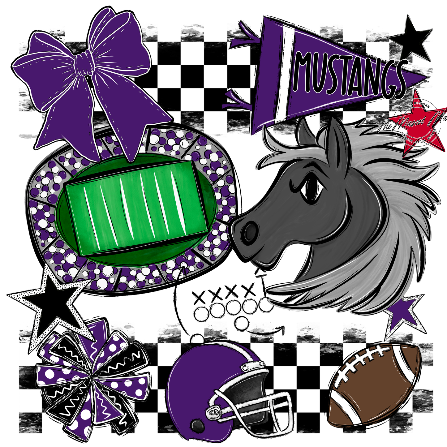 Mustangs Checkers Mascot Spirit Design-Purple