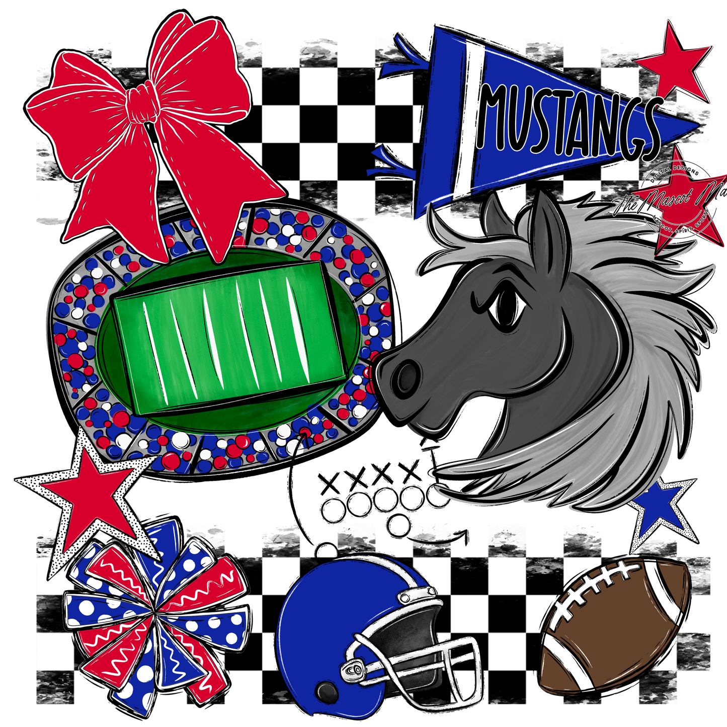 Mustangs Checkers Mascot Spirit Design-Royal Blue-Red