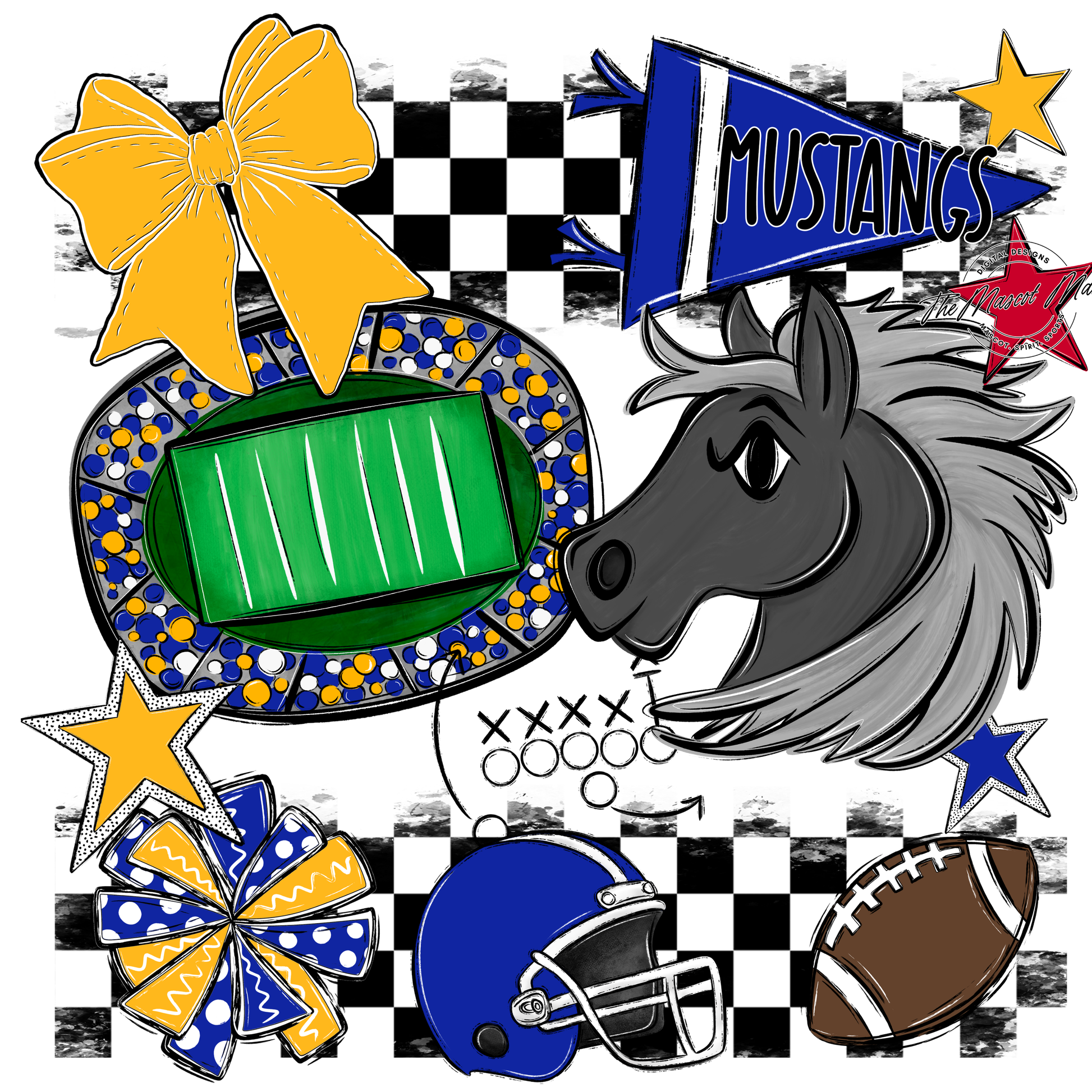 Mustangs Checkers Mascot Spirit Design-Royal Blue-Yellow