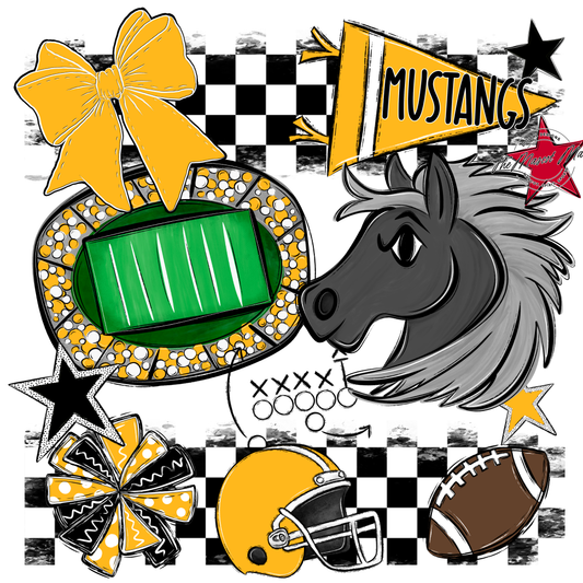 Mustangs Checkers Mascot Spirit Design-Yellow
