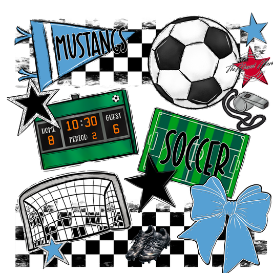 Mustangs Checkers Soccer Spirit Design-Carolina Blue