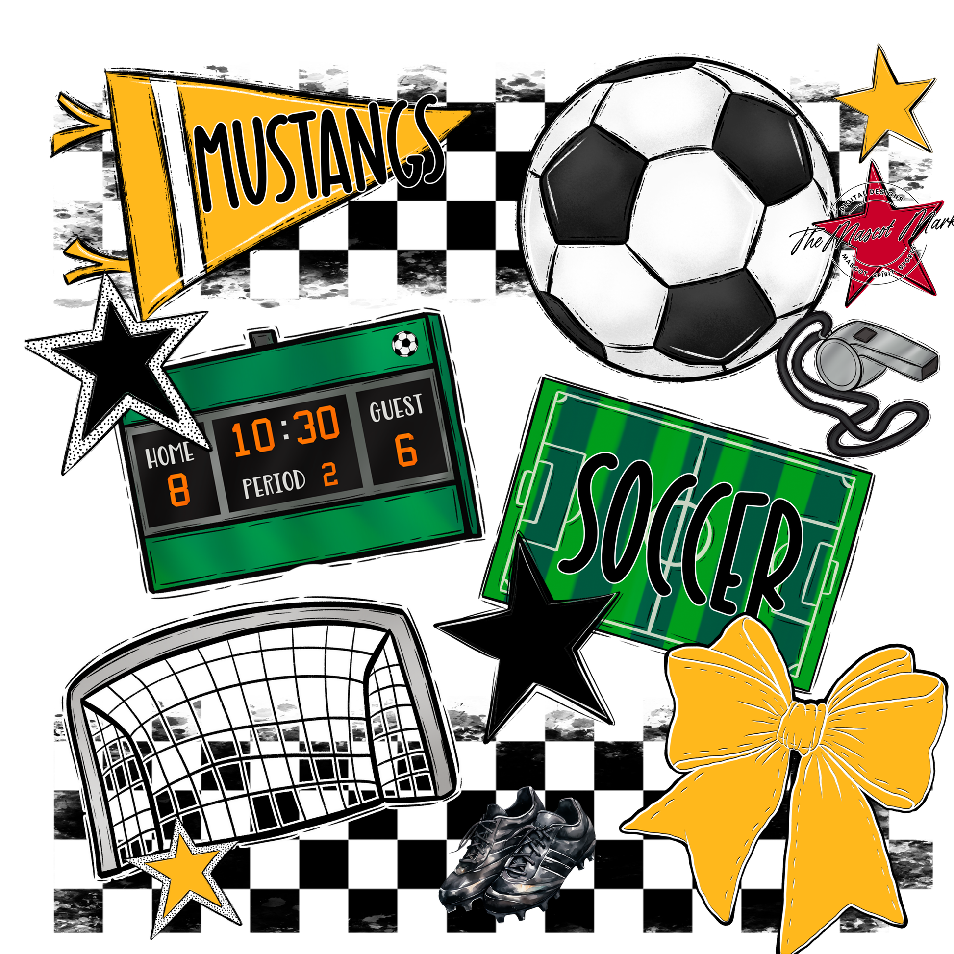 Mustangs Checkers Soccer Spirit Design-Yellow