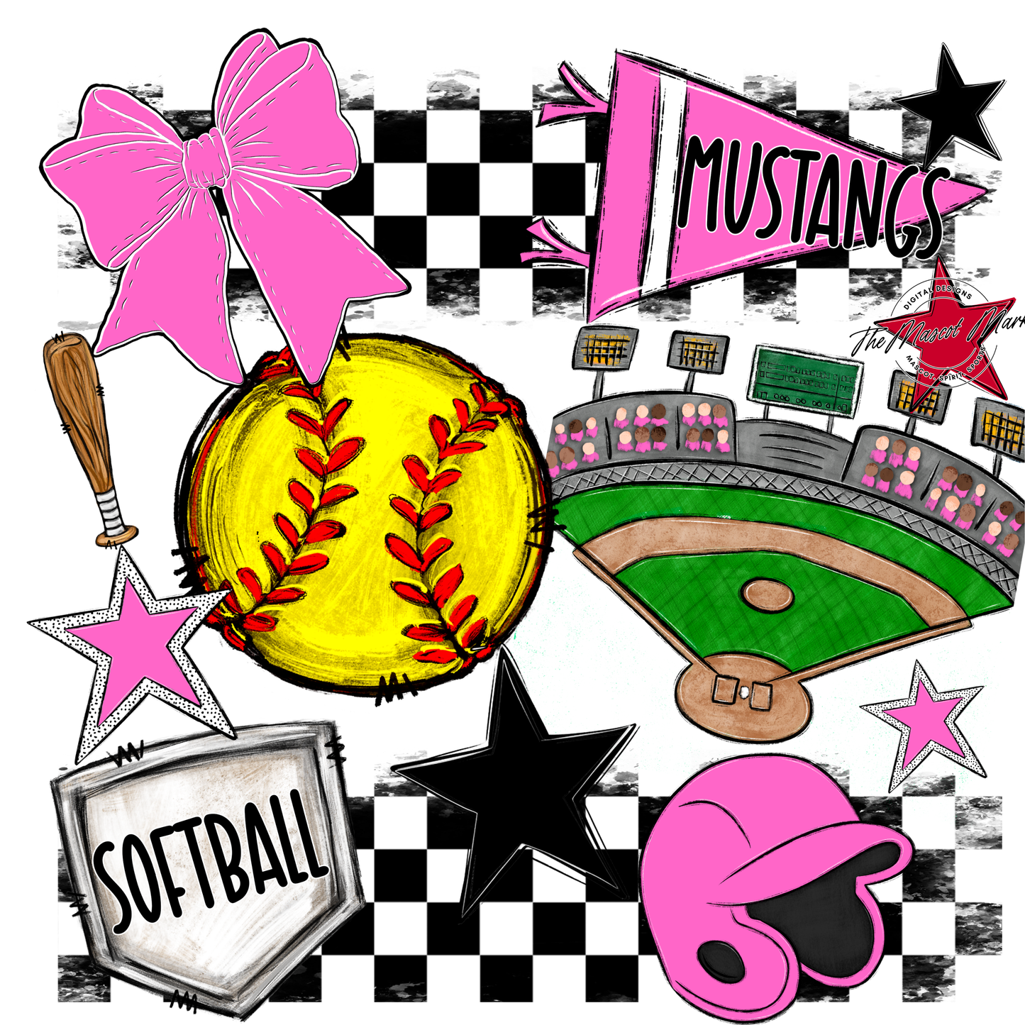 Mustangs Checkers Softball Spirit Design-Baby Pink