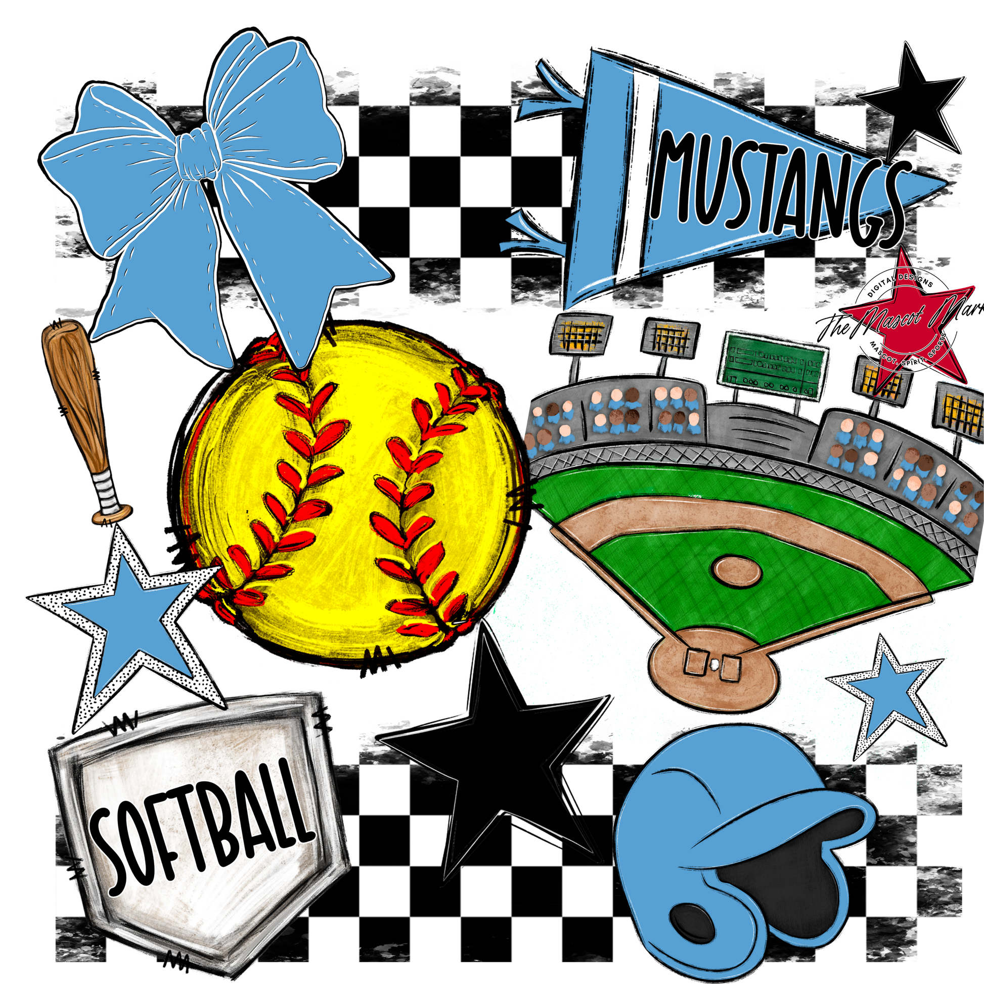 Mustangs Checkers Softball Spirit Design-Carolina Blue