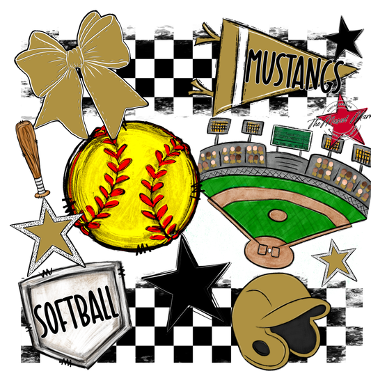Mustangs Checkers Softball Spirit Design-Gold