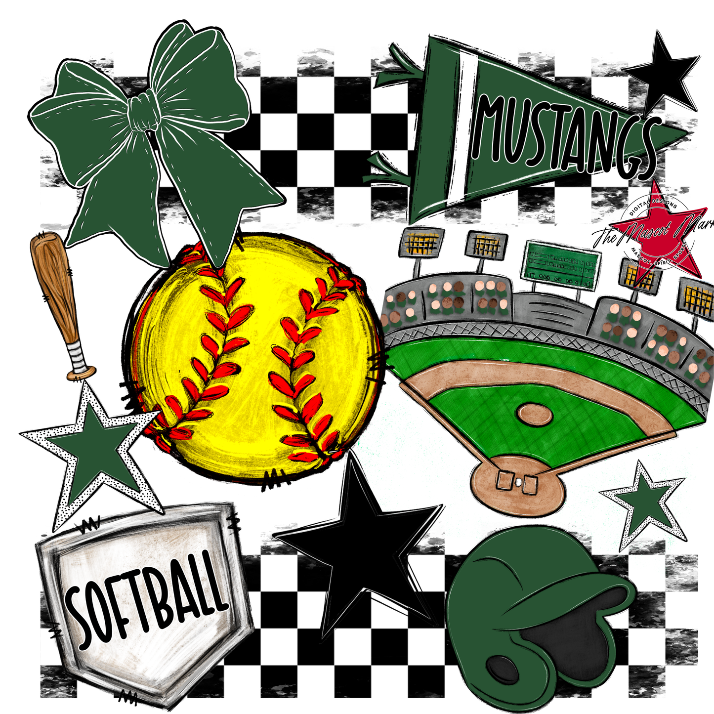 Mustangs Checkers Softball Spirit Design-Green