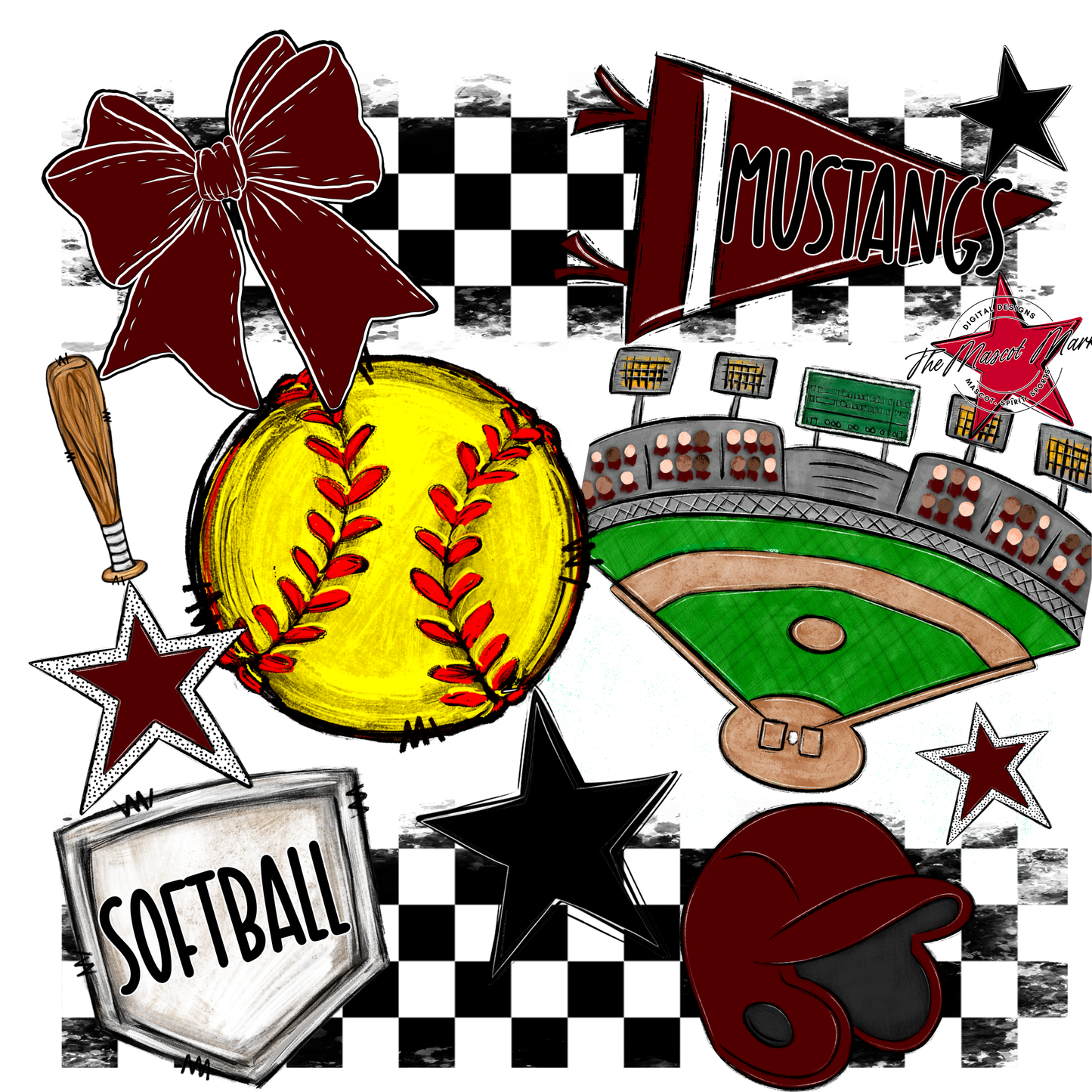 Mustangs Checkers Softball Spirit Design-Maroon