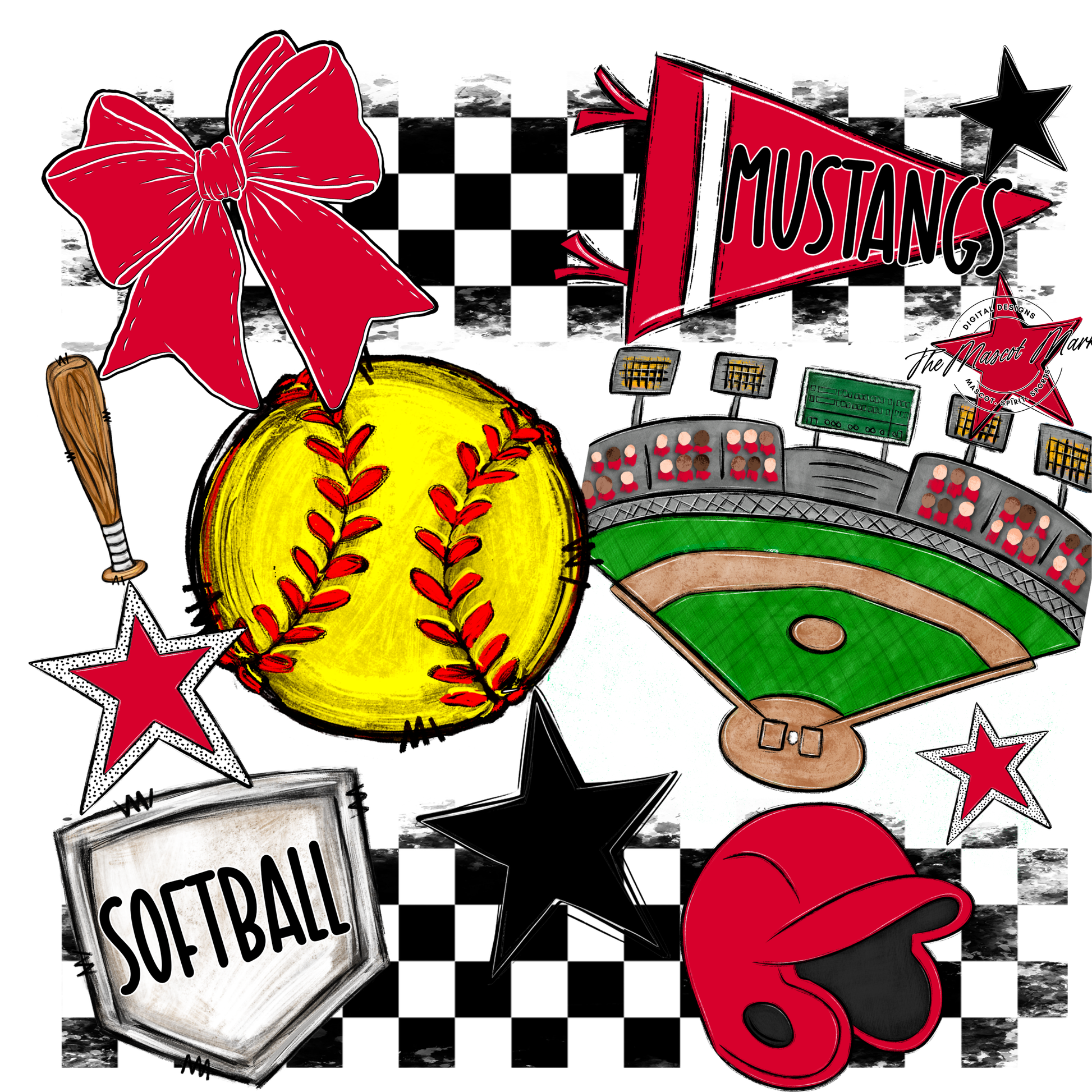 Mustangs Checkers Softball Spirit Design-Red