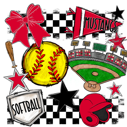 Mustangs Checkers Softball Spirit Design-Red