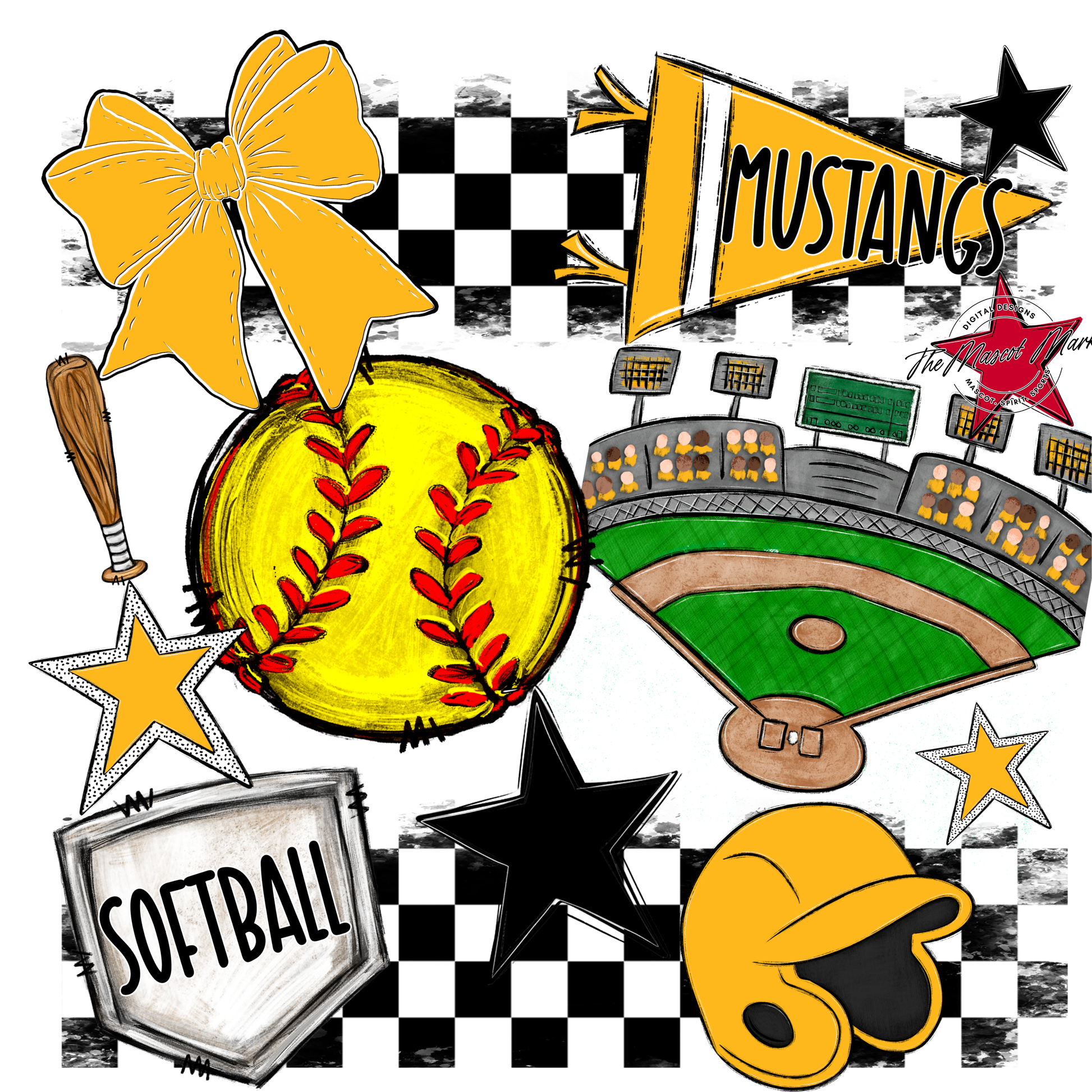 Mustangs Checkers Softball Spirit Design-Yellow
