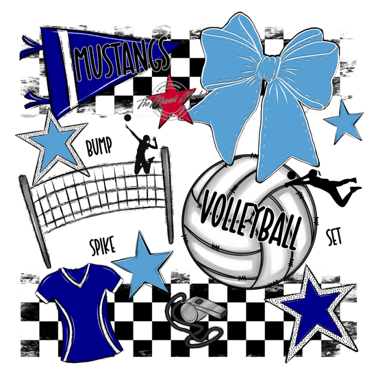 Mustangs Checkers Volleyball Spirit Design-Blue-Carolina Blue