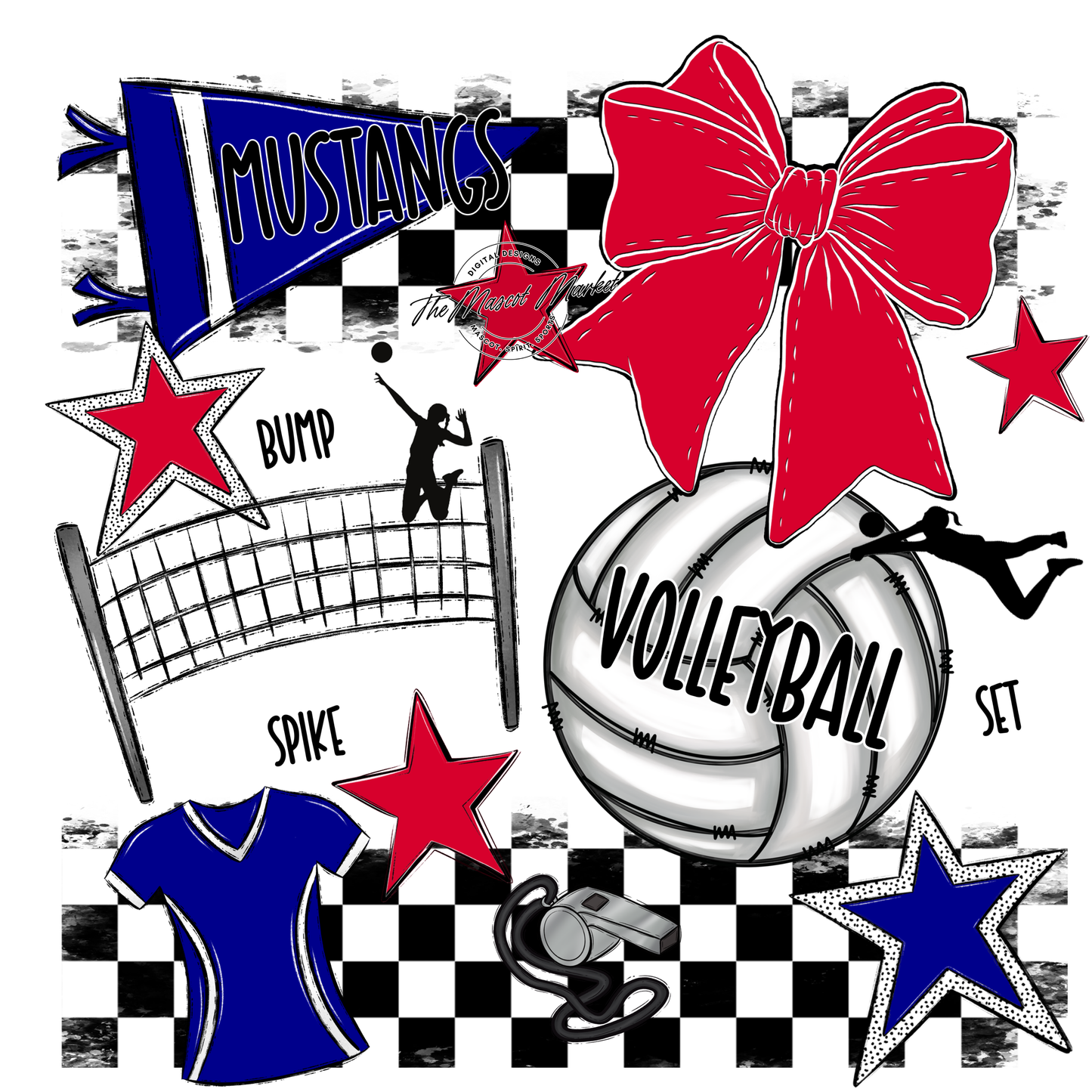 Mustangs Checkers Volleyball Spirit Design-Blue-Red