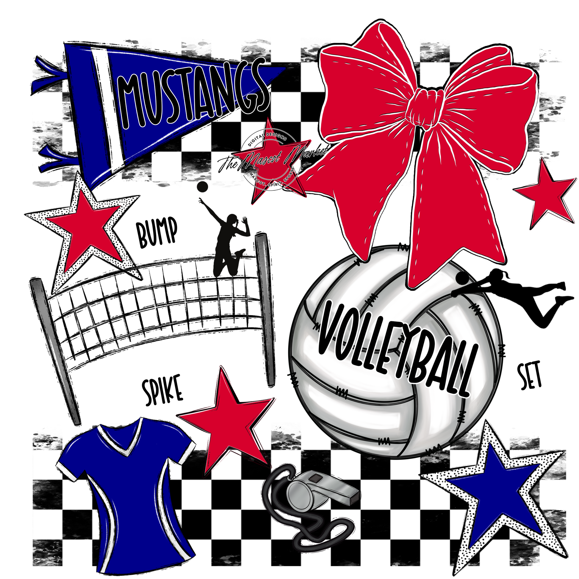 Mustangs Checkers Volleyball Spirit Design-Blue-Red