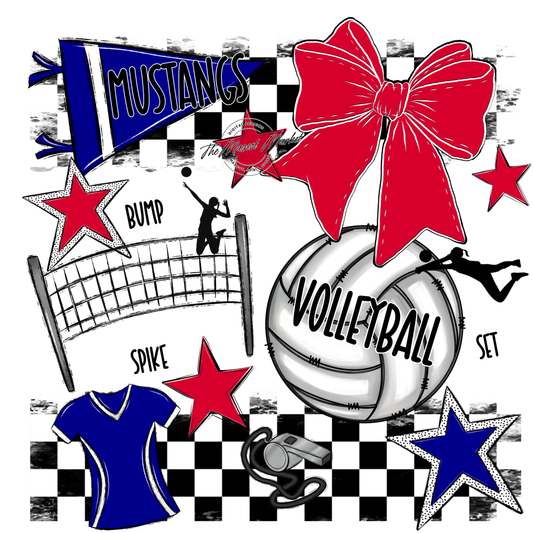 Mustangs Checkers Volleyball Spirit Design-Blue-Red